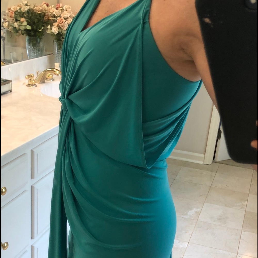 Evening cocktail dress gathered stretch green, SzS - Picture 4 of 7